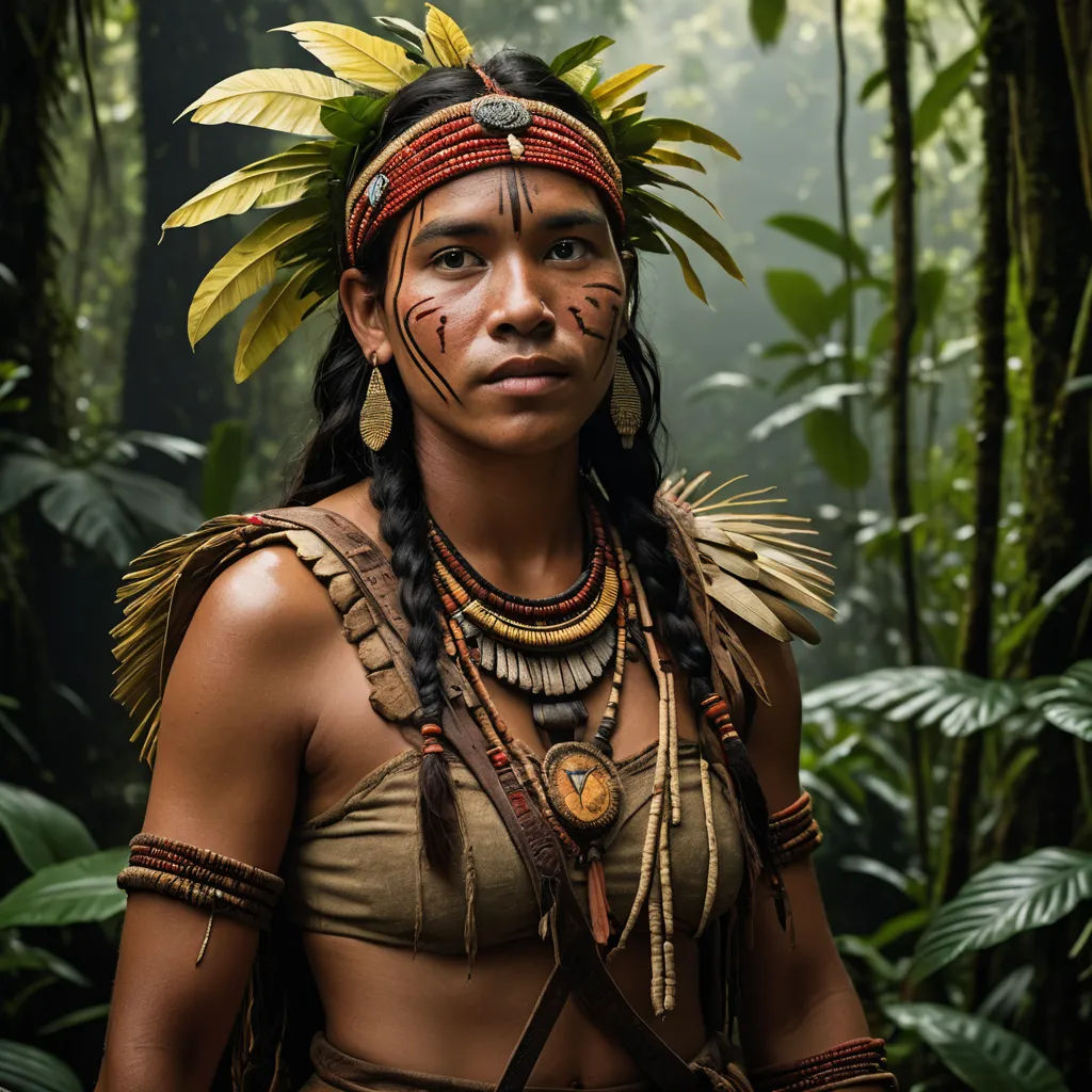 a woman in a native american costume in the jungle with a smile on her face and a feathered headdress, primitivism, a character portrait, Dirk Crabeth, maya