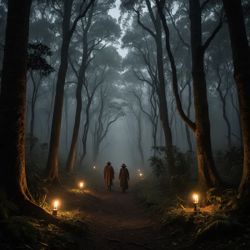 two people walking through a dark forest with candles in their hands at night time, with fog and fog, neo-romanticism, a matte painting, Dirk Crabeth, cinematic photography