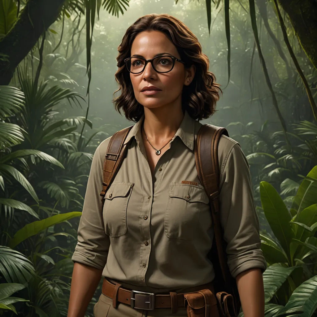 a woman in a jungle with a backpack on her shoulder and a jungle background with trees and plants behind her, sumatraism, a character portrait, Ada Gladys Killins, promotional image