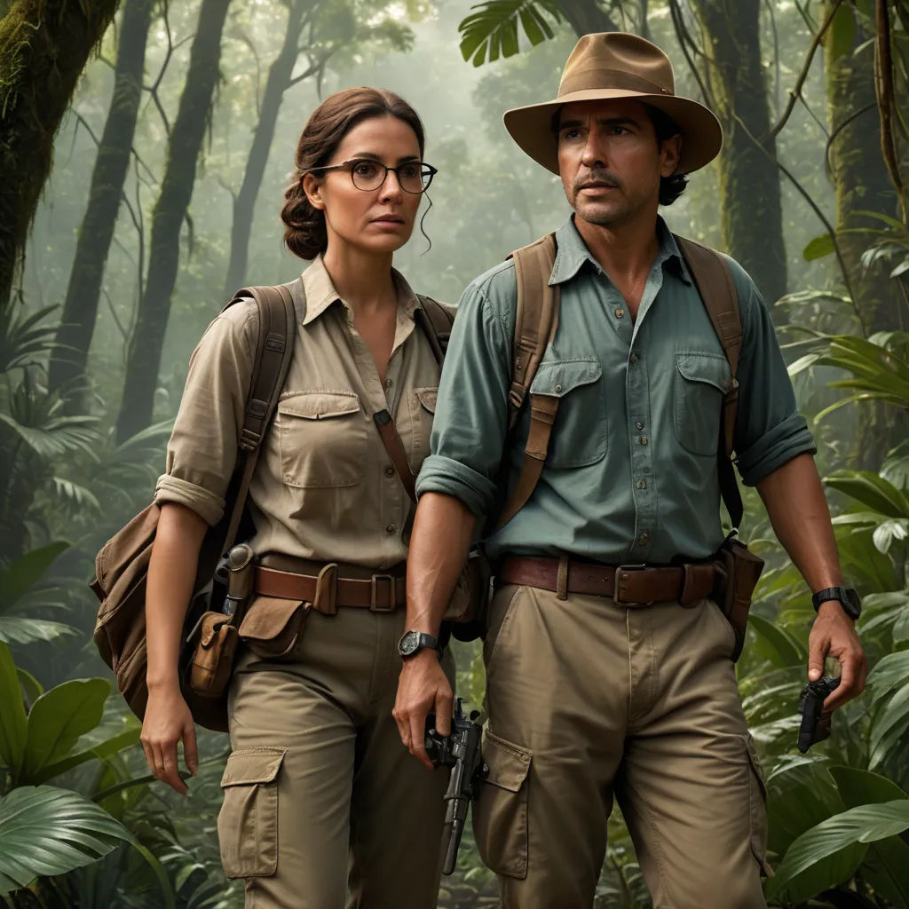 a man and a woman in safari clothes walking through a jungle with a gun in hand and a backpack on their back, primitivism, a poster, Araceli Gilbert, promotional image