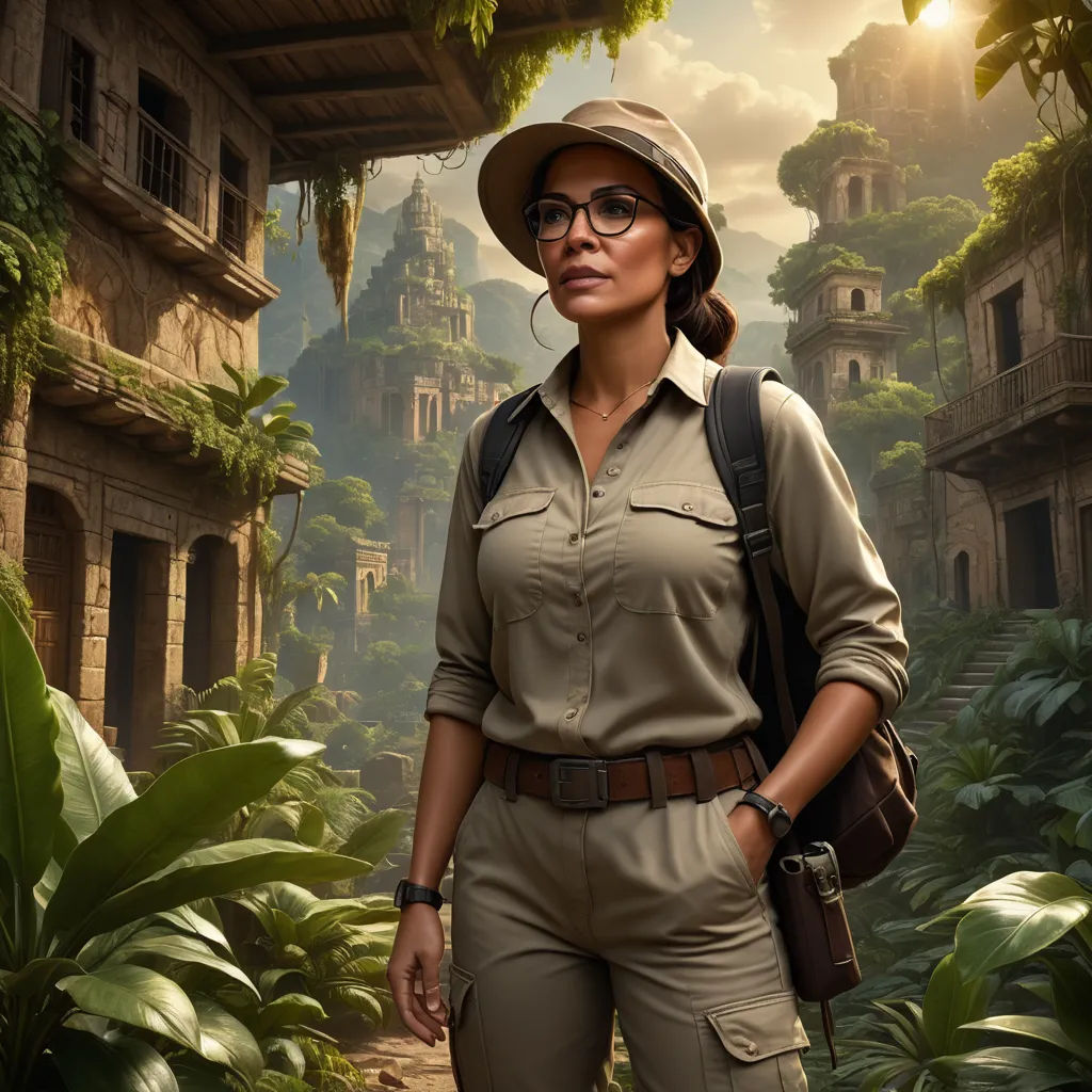 a woman in a safari outfit is standing in a jungle with a backpack and a gun in her hand, sumatraism, a detailed matte painting, Araceli Gilbert, promotional image