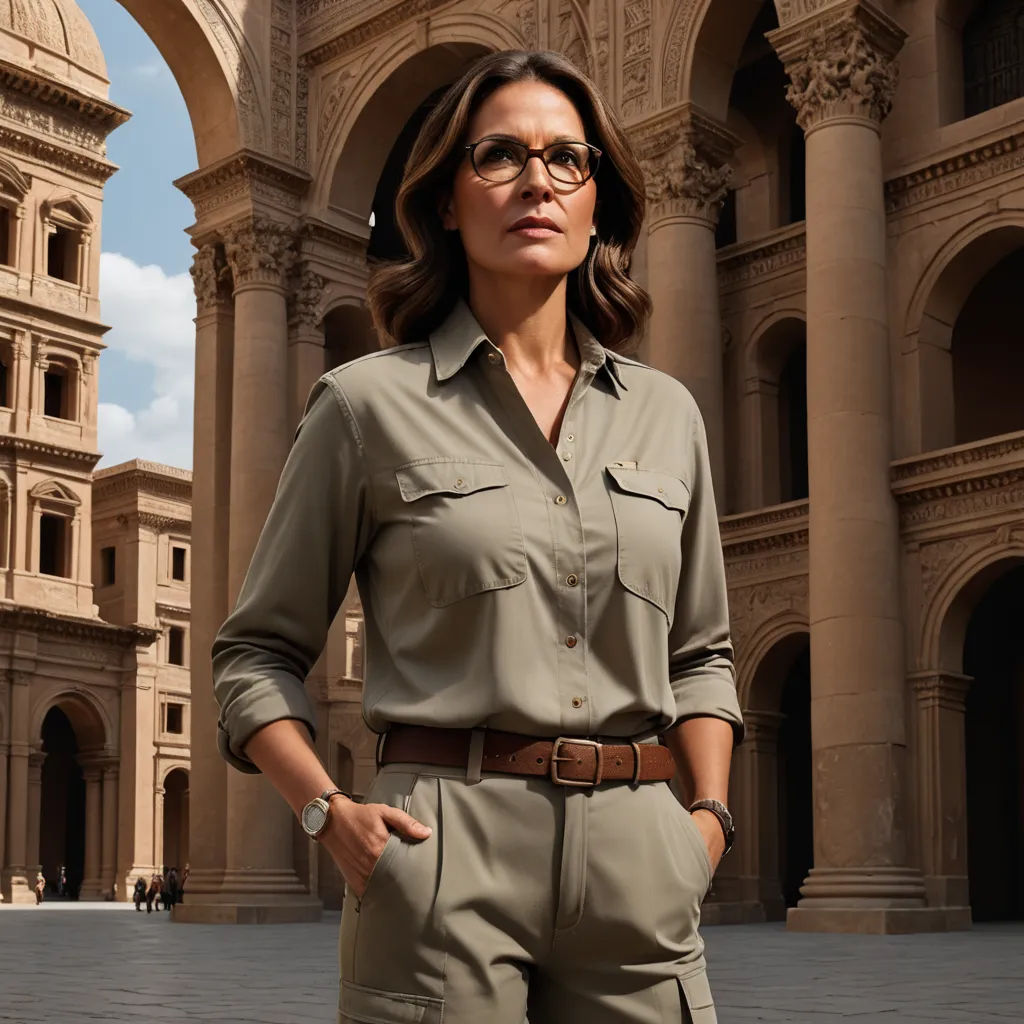 a woman in a tan shirt and khaki pants stands in front of a building with arches and arches, romanesque, a bronze sculpture, Christian Hilfgott Brand, promotional image