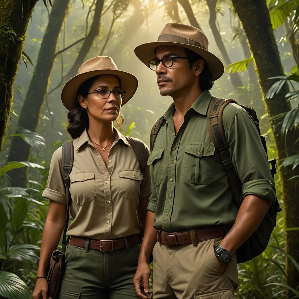 a man and a woman in safari attire standing in the jungle with trees and plants behind them, with sunlight shining through the trees, sumatraism, a stock photo, Chris LaBrooy, promotional image