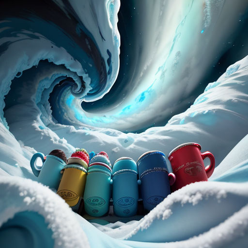 a group of coffee mugs sitting in the middle of a wave of snow with a sky background and swirling swirl