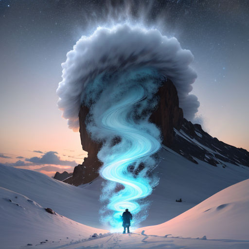 a man standing in the snow with a large cloud coming out of his head and a spiral of smoke coming out of his head