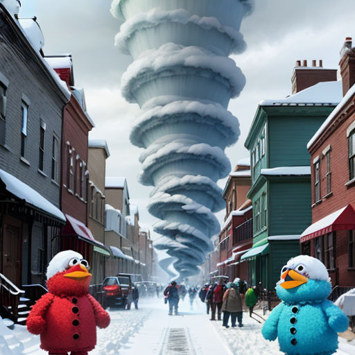 a tornado is coming down a street with two sesame characters in the foreground and a man in the background