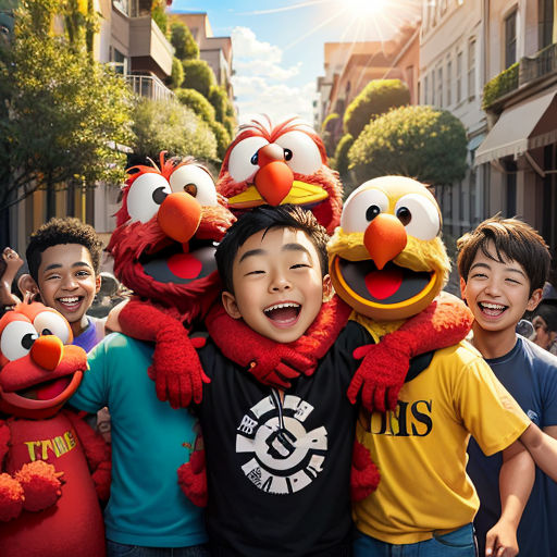 a group of children standing next to each other in front of a group of sesame characters on a street