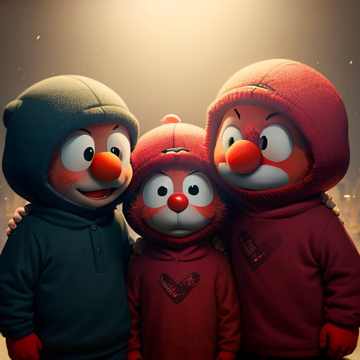 three children in matching red and black outfits with a red nose and nose on the face of a red bird