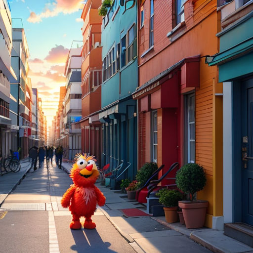 a street with a sesame street character walking down it and people walking down the street in the background and a sunset in the background