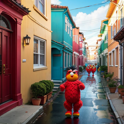 a group of sesame street characters walking down a street lined with colorful buildings and potted plants on either side of the street