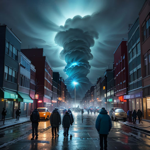 a group of people walking down a street under a very tall cloud filled sky with a tornado like structure