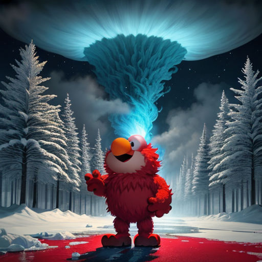 a cartoon character is standing in the snow with a blue light coming from his head and a red bird is standing in front of a blue smoke stack