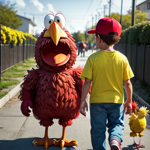 a boy walking down a street with a big bird on his hand and a little bird on his foot