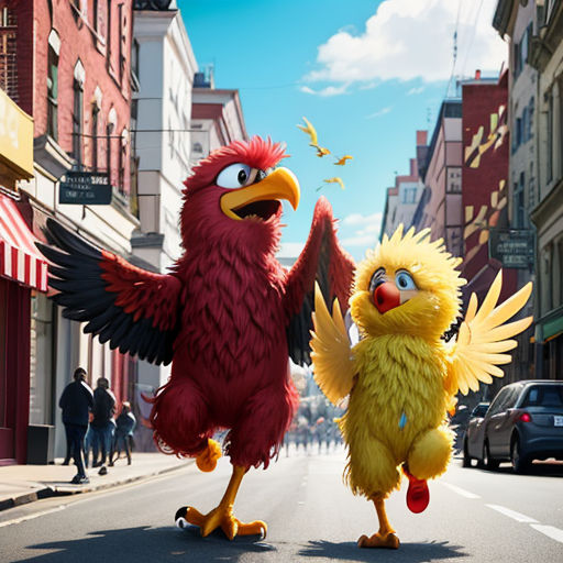 a couple of birds standing on top of a street next to each other on a skateboard in front of a building