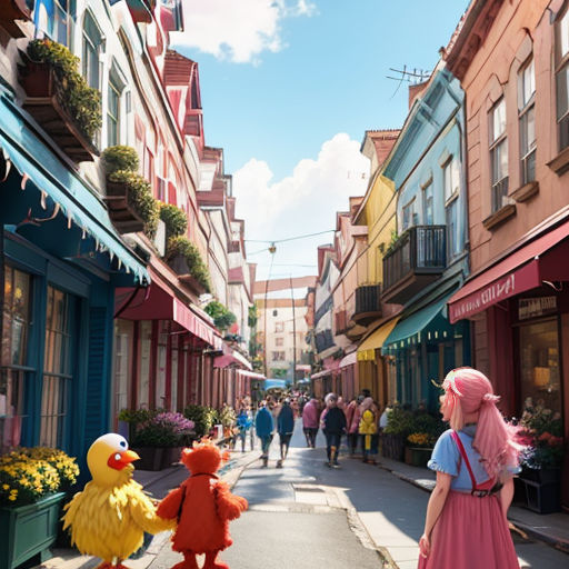 a woman in a pink dress walking down a street with a bunch of people in the street behind her