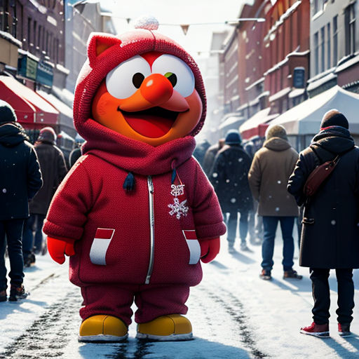 a person in a red jacket and a red bird mascot in a crowd of people on a snowy street