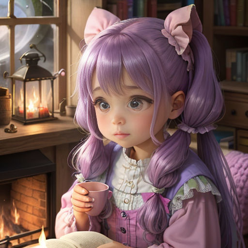 a girl with purple hair is reading a book and drinking a cup of coffee in front of a fireplace