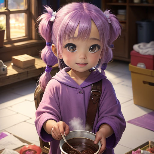 a little girl with purple hair is holding a pot of chocolate in her hands and looking at the camera