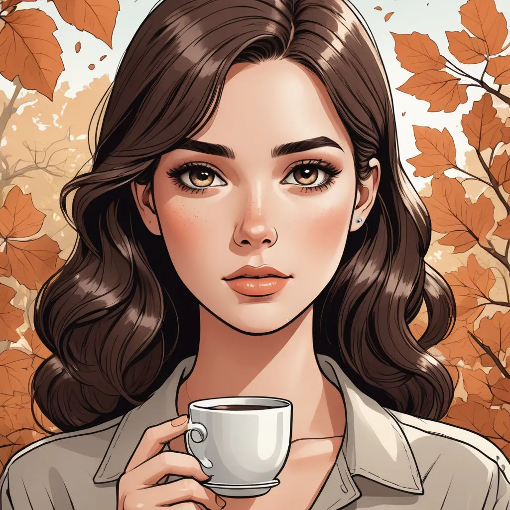 a woman holding a cup of coffee in front of a tree with leaves on it and a background of leaves, fantasy art, a character portrait, Charlie Bowater, autumn