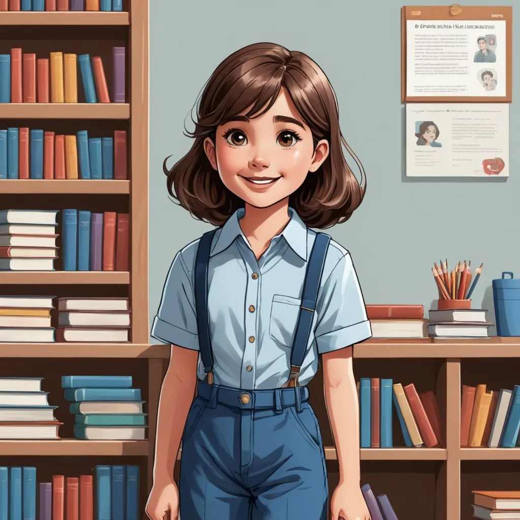 a cartoon girl standing in front of a bookshelf with books on it and a book case behind her, remodernism, a character portrait, Clarice Beckett, character portrait