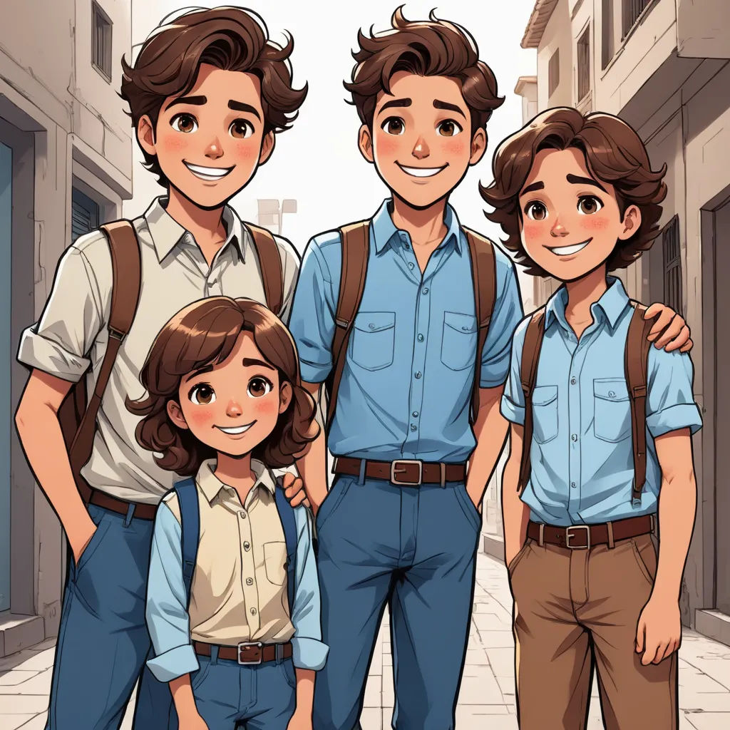 a family of three standing next to each other in a city street with buildings in the background and a man in the middle, furry art, concept art, Brothers Hildebrandt, official art