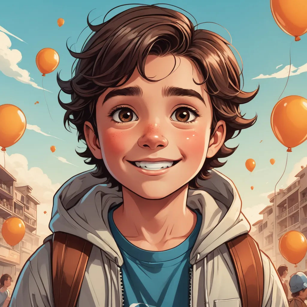 a boy with a backpack and balloons in the air above him, smiling at the camera, with a blue sky in the background, photorealism, a character portrait, Alejandro Burdisio, rossdraws global illumination