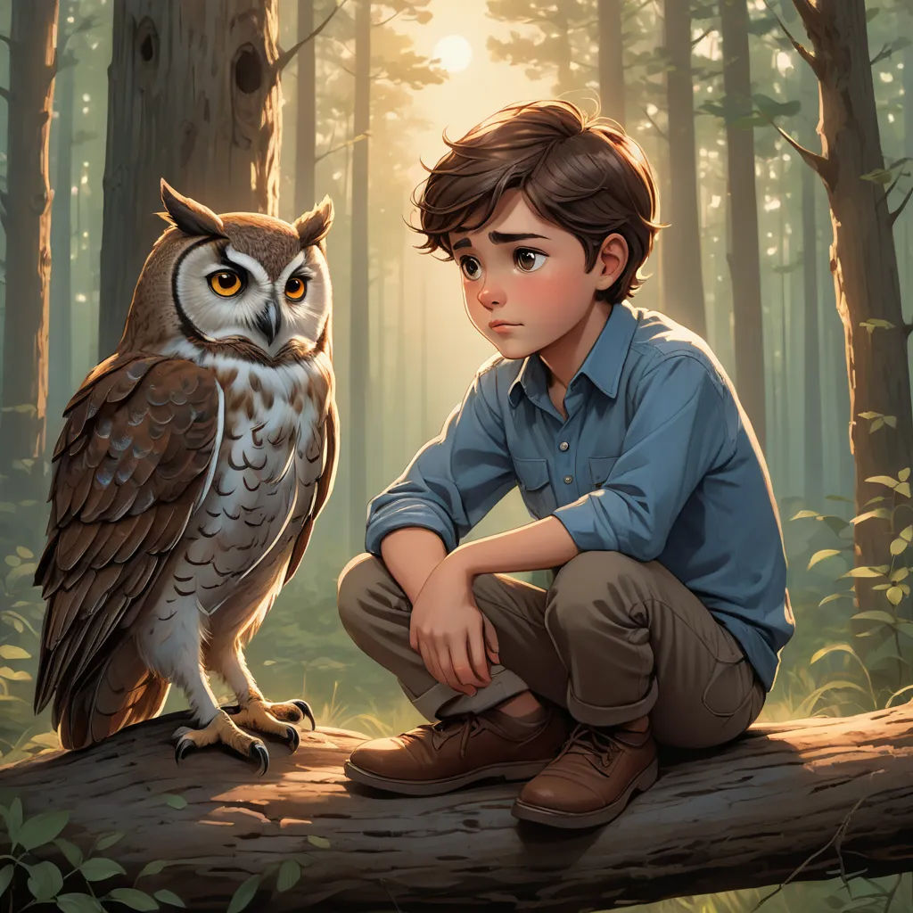 a boy sitting on a log with an owl on his lap in the woods, with the sun shining through the trees, fantasy art, a storybook illustration, Aaron Jasinski, storybook illustration