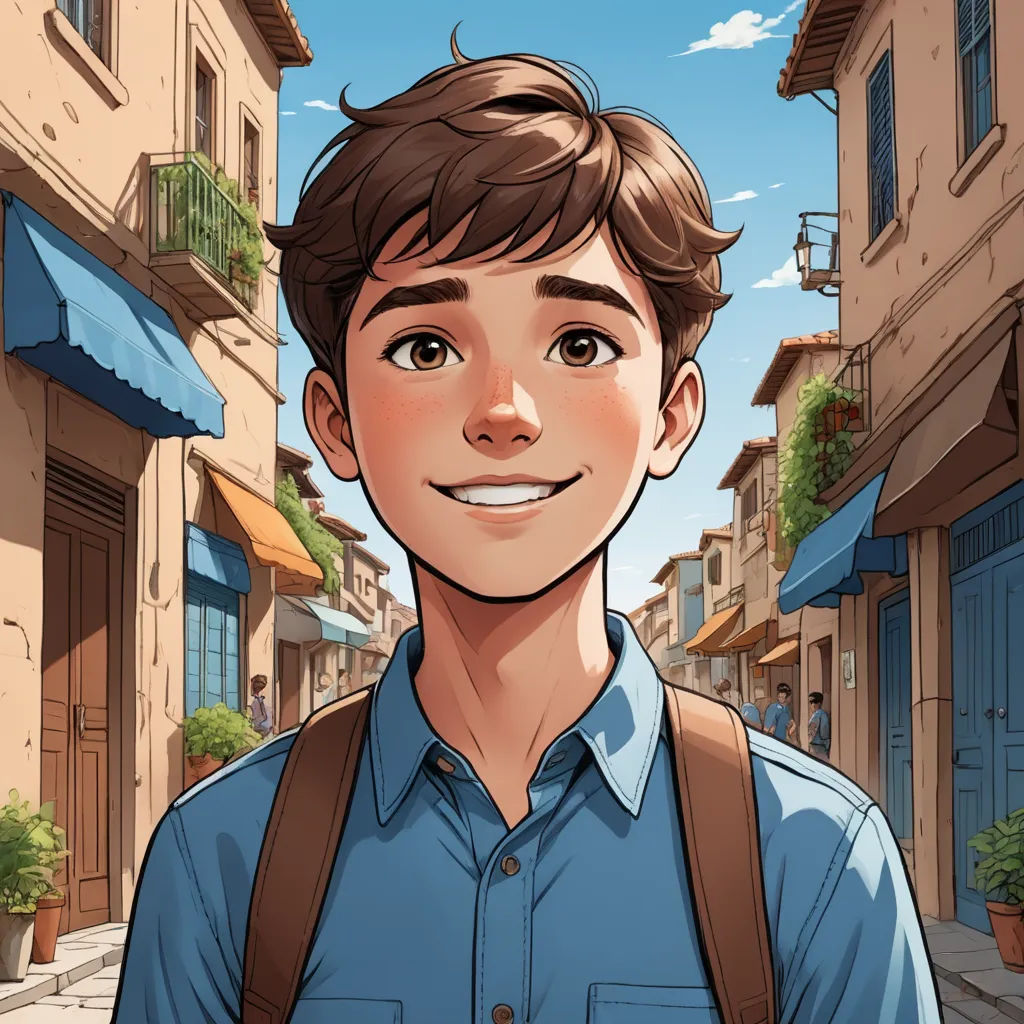 a man with a backpack standing in front of a street with buildings and a blue sky in the background, paris school, a character portrait, Cedric Seaut (Keos Masons), rossdraws global illumination