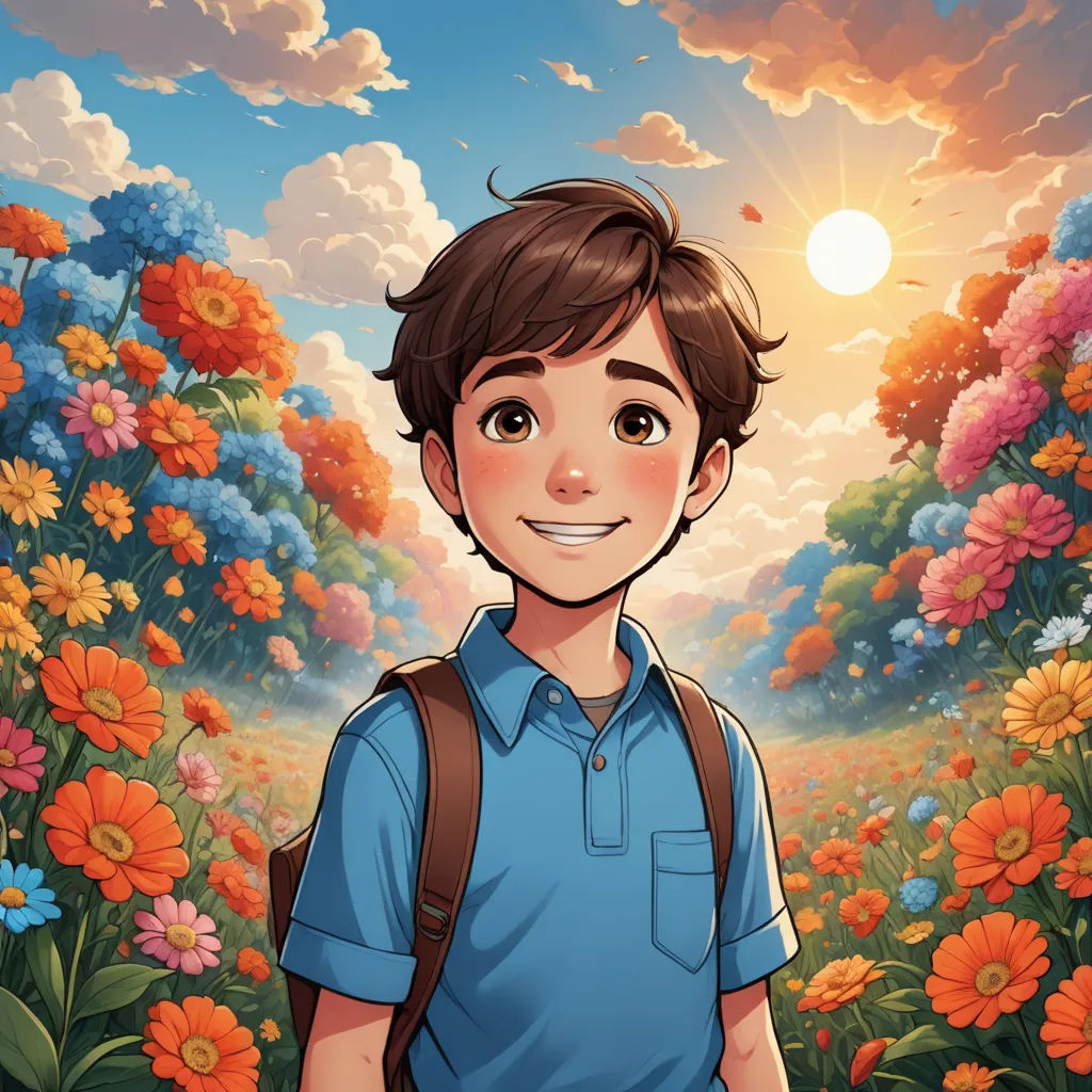 a boy with a backpack standing in a field of flowers with the sun in the background and a sky with clouds, aestheticism, a character portrait, Cliff Childs, rossdraws global illumination