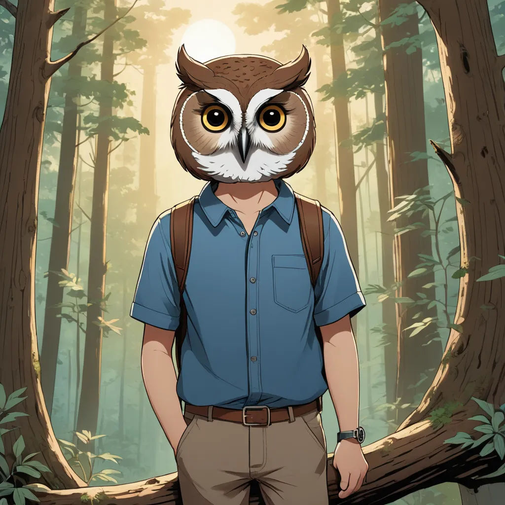 a man standing in front of a forest with an owl on his head and a backpack on his shoulder, rayonism, a character portrait, Adam Manyoki, official art