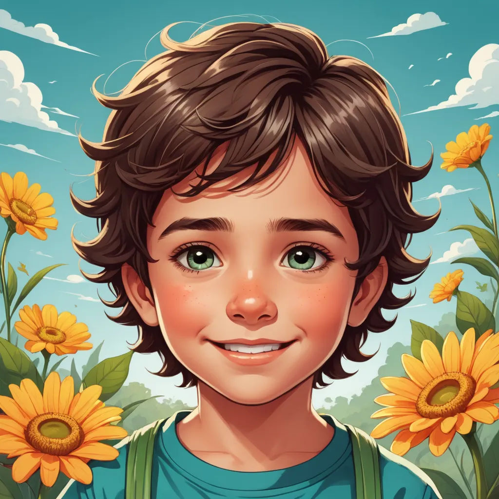 a boy with a green shirt and a blue shirt and some yellow flowers and a blue sky with clouds, photorealism, a character portrait, Cyril Rolando, rossdraws global illumination