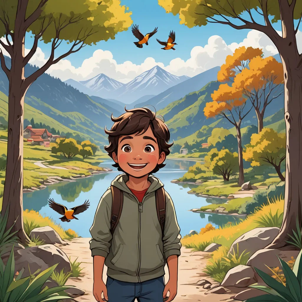 a boy standing in a forest with a bird flying over him and a mountain in the background with a lake and trees, environmental art, a storybook illustration, Diego Gisbert Llorens, promotional image
