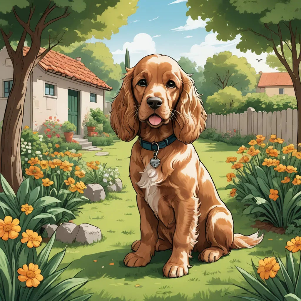 a dog sitting in the grass near a house and flowers in the yard with a house in the background, furry art, a storybook illustration, David Brewster, game art