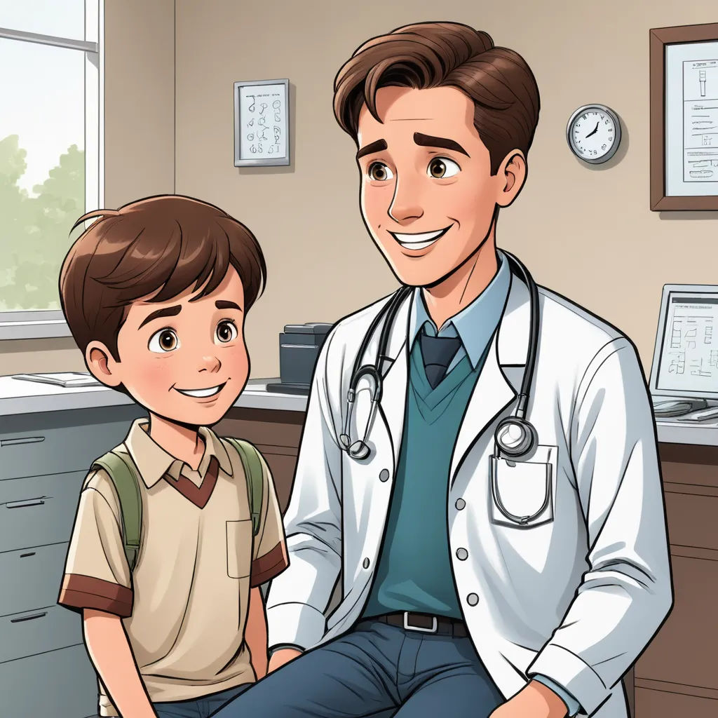 a cartoon of a doctor and a boy in a room with a desk and a clock on the wall, neoplasticism, a storybook illustration, Dr. Atl, promotional image