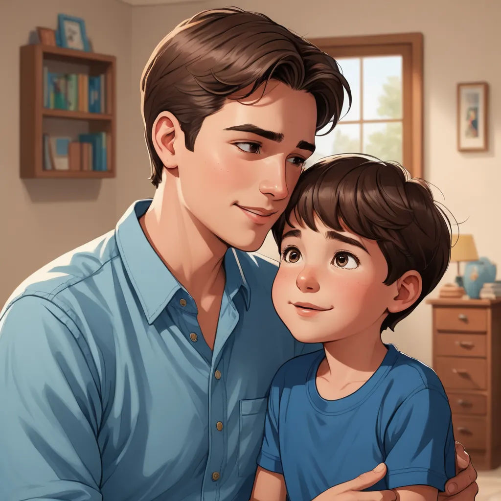 a man and a boy are in a room together, one is holding the other's head and the other is looking at the camera, sots art, a storybook illustration, Adam Dario Keel, official art