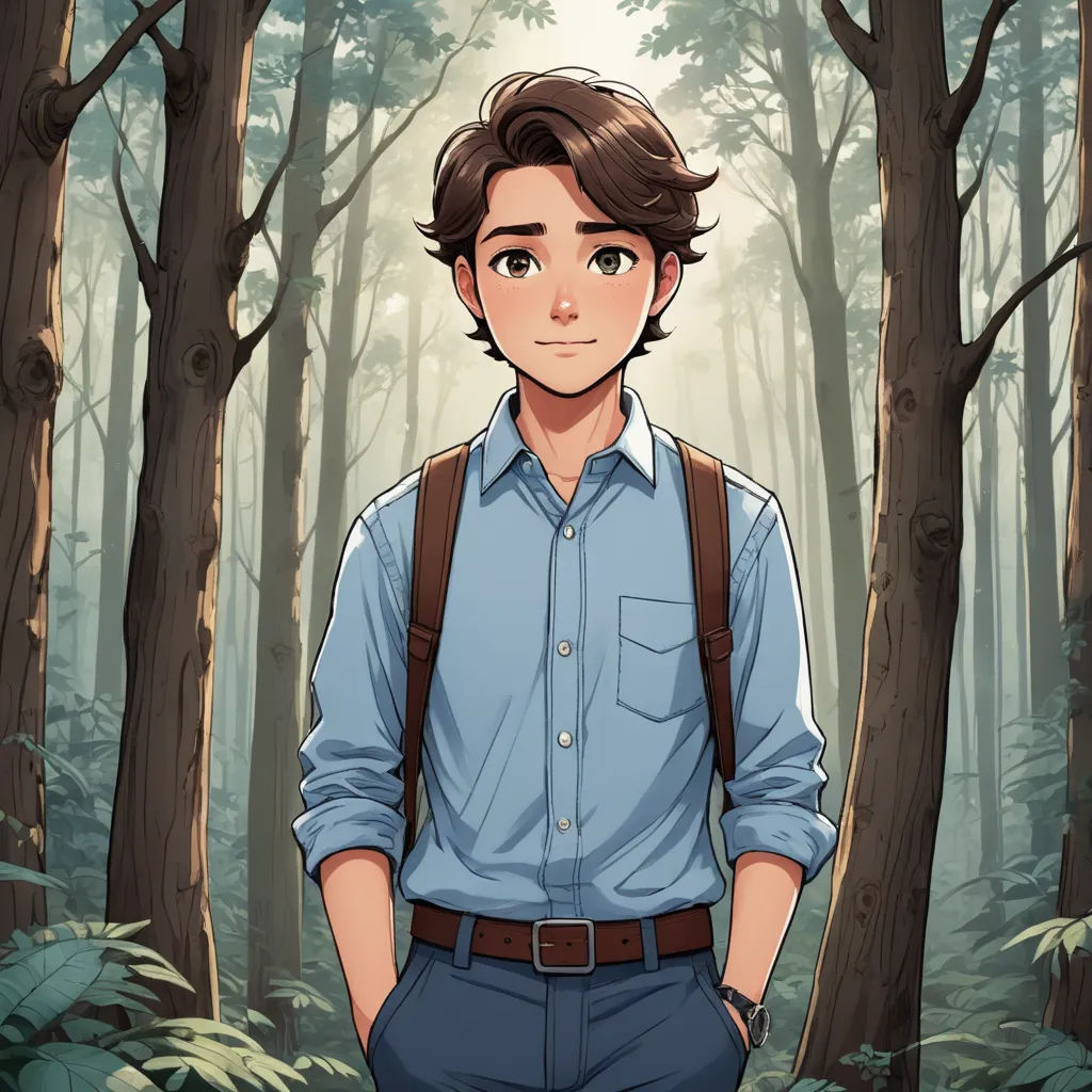 a man standing in front of a forest with trees and bushes on the ground, wearing a blue shirt and a brown backpack, serial art, a character portrait, Cedric Seaut (Keos Masons), official art