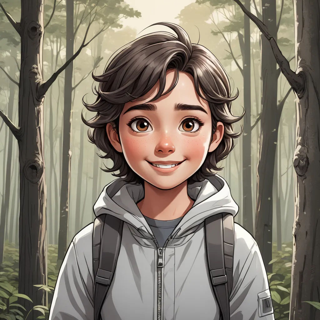 a cartoon boy with a backpack in a forest with trees and bushes behind him, smiling at the camera, sots art, a character portrait, Clarice Beckett, character portrait