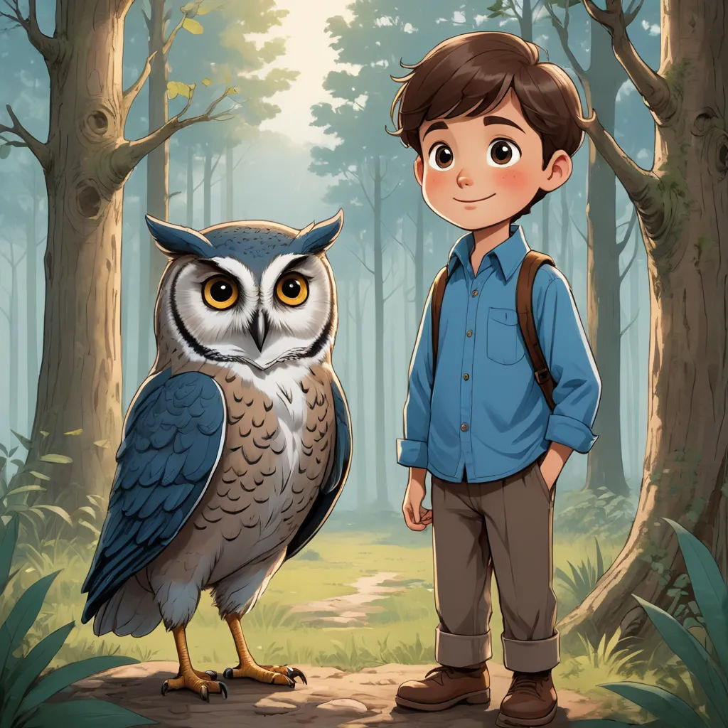 a boy standing next to an owl in a forest with trees and grass behind him, with a forest background, fantasy art, a storybook illustration, Diego Gisbert Llorens, storybook illustration