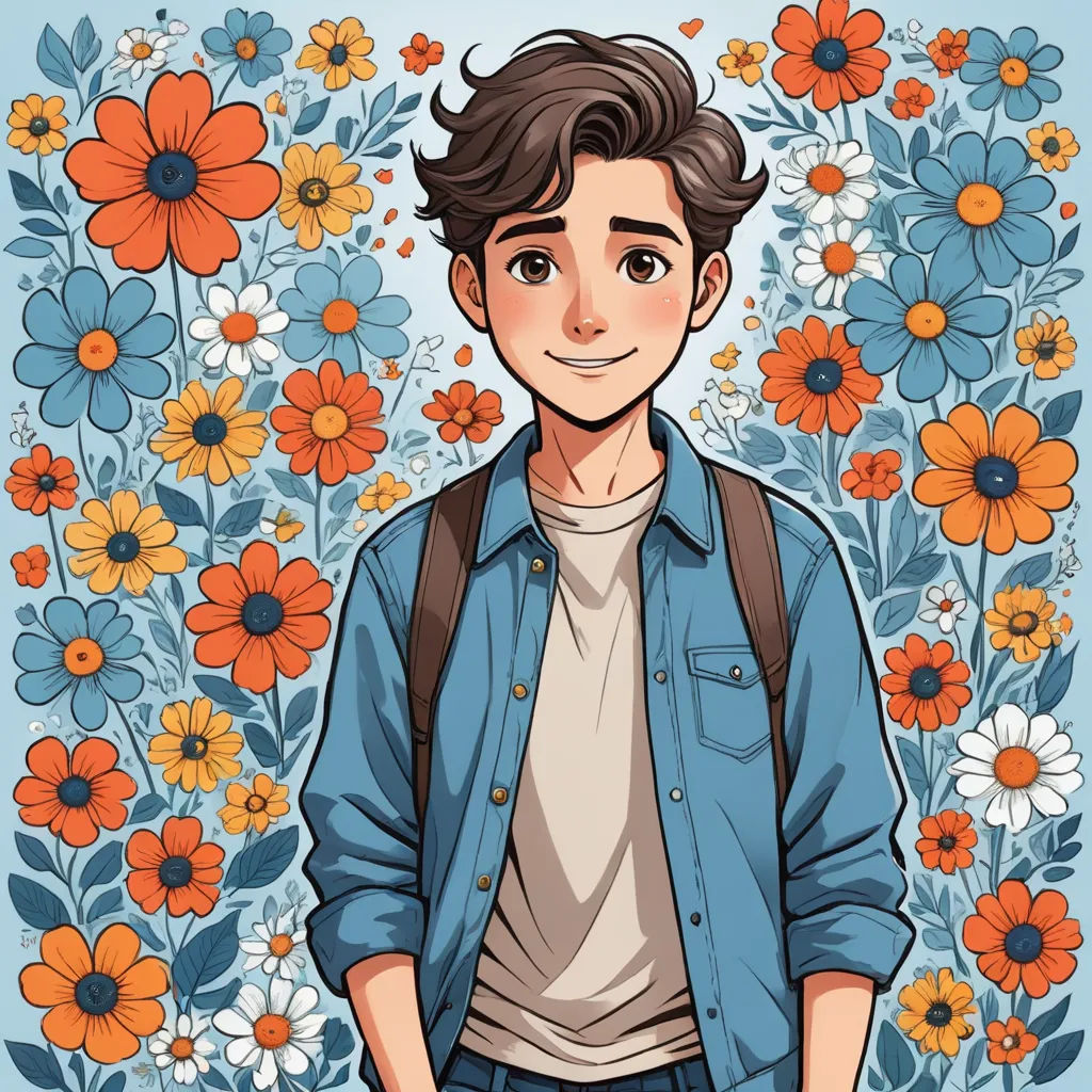 a man standing in front of a flowery background with flowers and a blue shirt on his chest and a backpack on his shoulder, sots art, a character portrait, Cedric Seaut (Keos Masons), character portrait