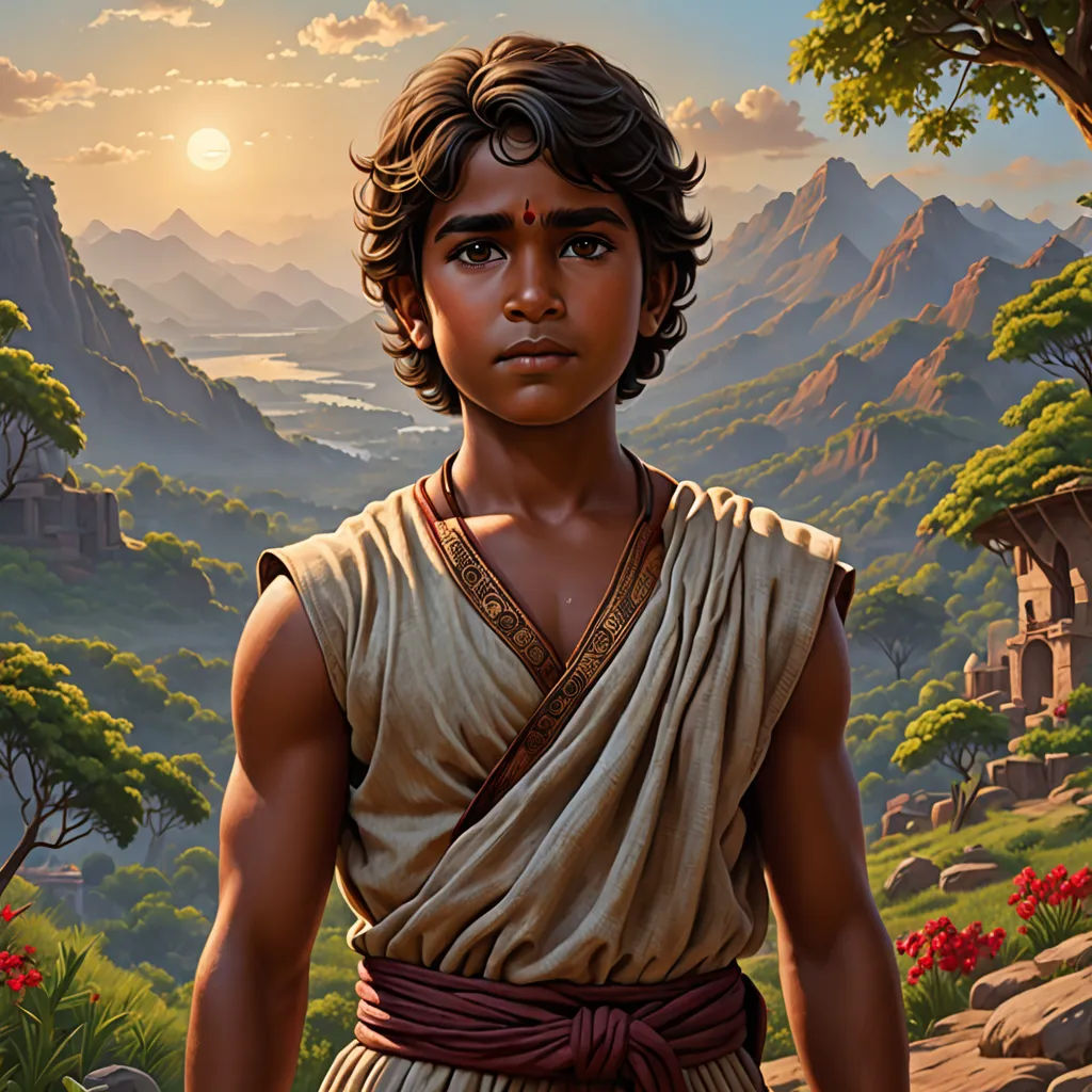 a painting of a young man in a desert setting with a mountain and river in the background and a sun setting behind him, samikshavad, a detailed matte painting, Brothers Hildebrandt, jayison devadas