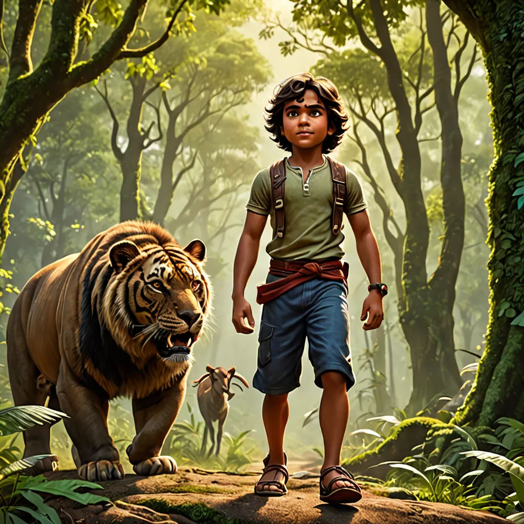 a boy and a tiger in a jungle with trees and bushes behind him, and a man in a brown shirt and shorts, samikshavad, poster art, Bikash Bhattacharjee, promotional image