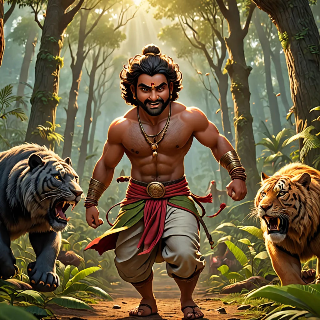 a man with a beard and a beard standing in the woods with two tigers and a tiger behind him, samikshavad, a detailed matte painting, Altoon Sultan, highly detailed digital painting