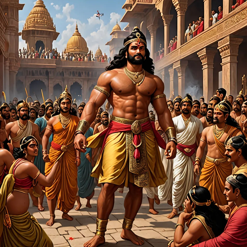 a painting of a man standing in front of a crowd of people in a temple with a sword in his hand, samikshavad, a digital rendering, Bholekar Srihari, highly detailed digital painting