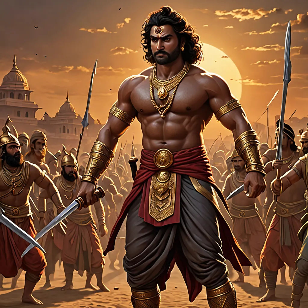 a painting of a man with a sword and a lot of other men in the background with a sunset, samikshavad, a detailed matte painting, Bholekar Srihari, highly detailed digital painting