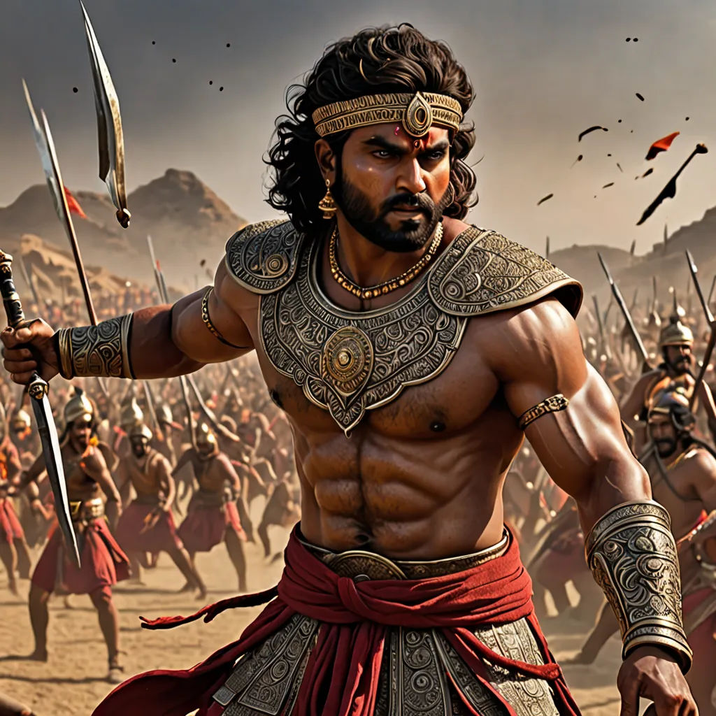 a man in a costume of a warrior with a sword and a sword in his hand and a group of men in the background, samikshavad, a detailed matte painting, Bholekar Srihari, weta digital