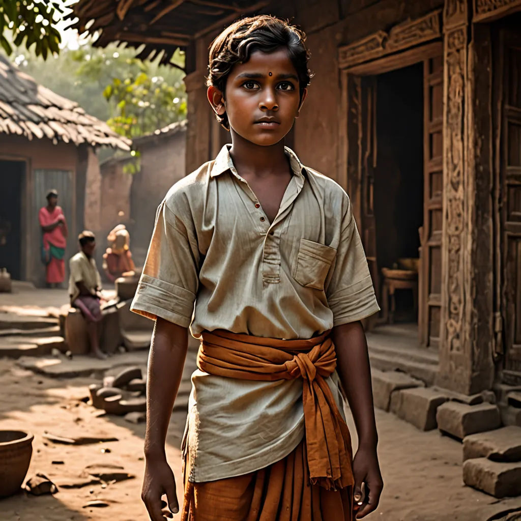 a young boy in a village with a wooden building in the background and a woman in the foreground, samikshavad, a character portrait, Bikash Bhattacharjee, cinematic photography