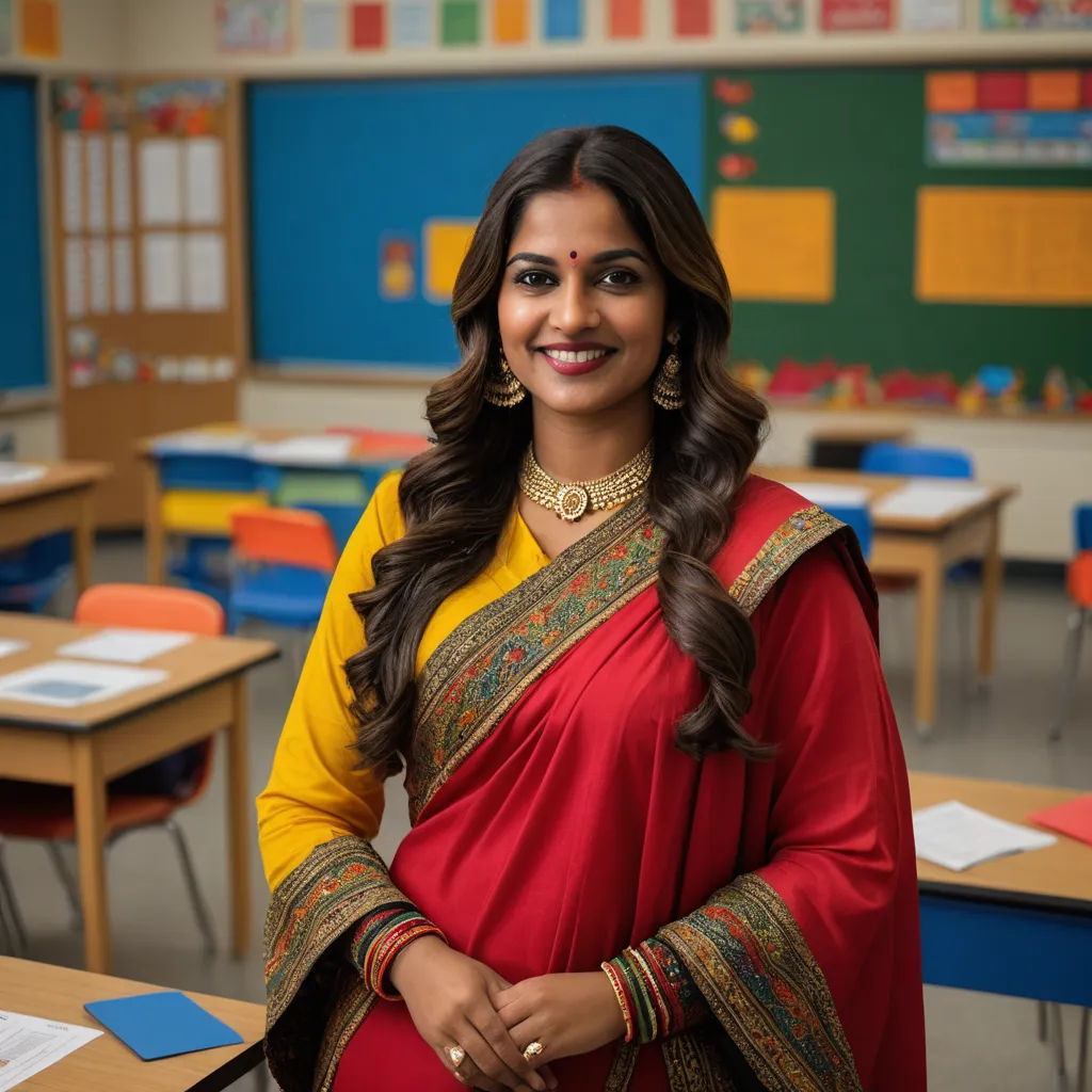 a woman in a red and yellow sari standing in a classroom with desks and chairs in the background, vancouver school, a character portrait, Ella Guru, promotional image