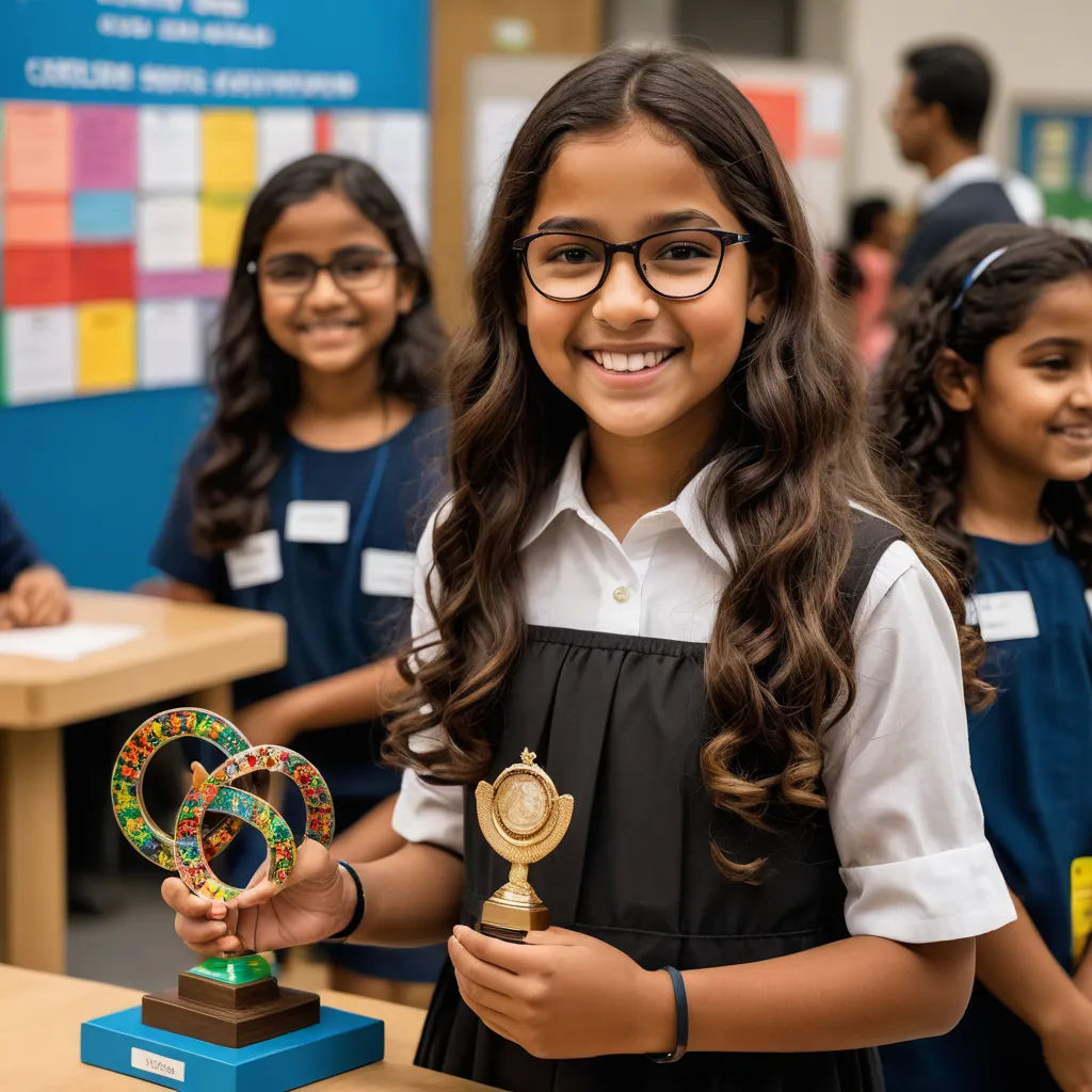 a girl holding a trophy in front of a group of other girls in a classroom with a desk and a sign, danube school, a stock photo, Art & Language, award