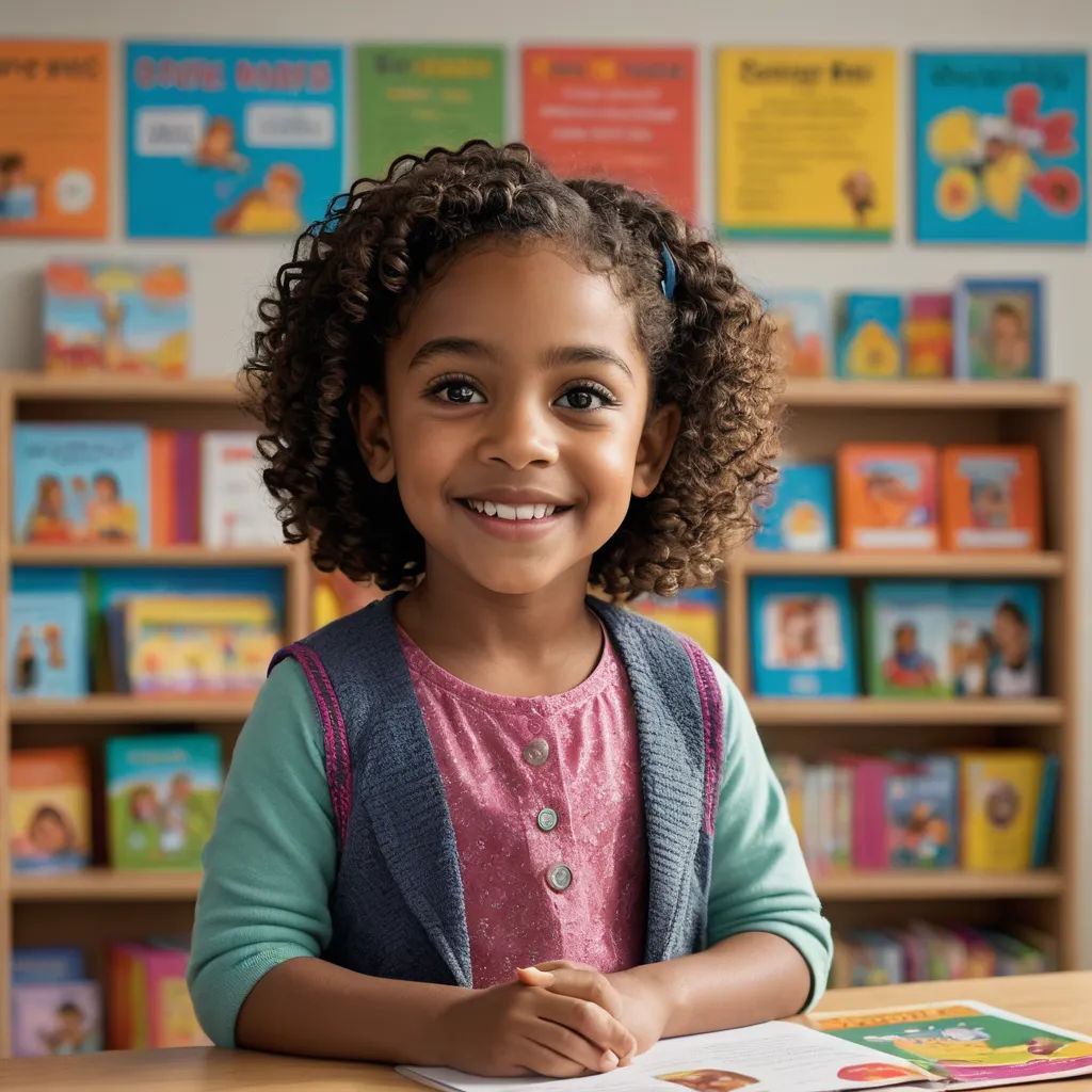 a young girl smiles while sitting at a table in a library with books on the shelves behind her and a bookcase full of children's books, art & language, a storybook illustration, Alexis Simon Belle, promotional image
