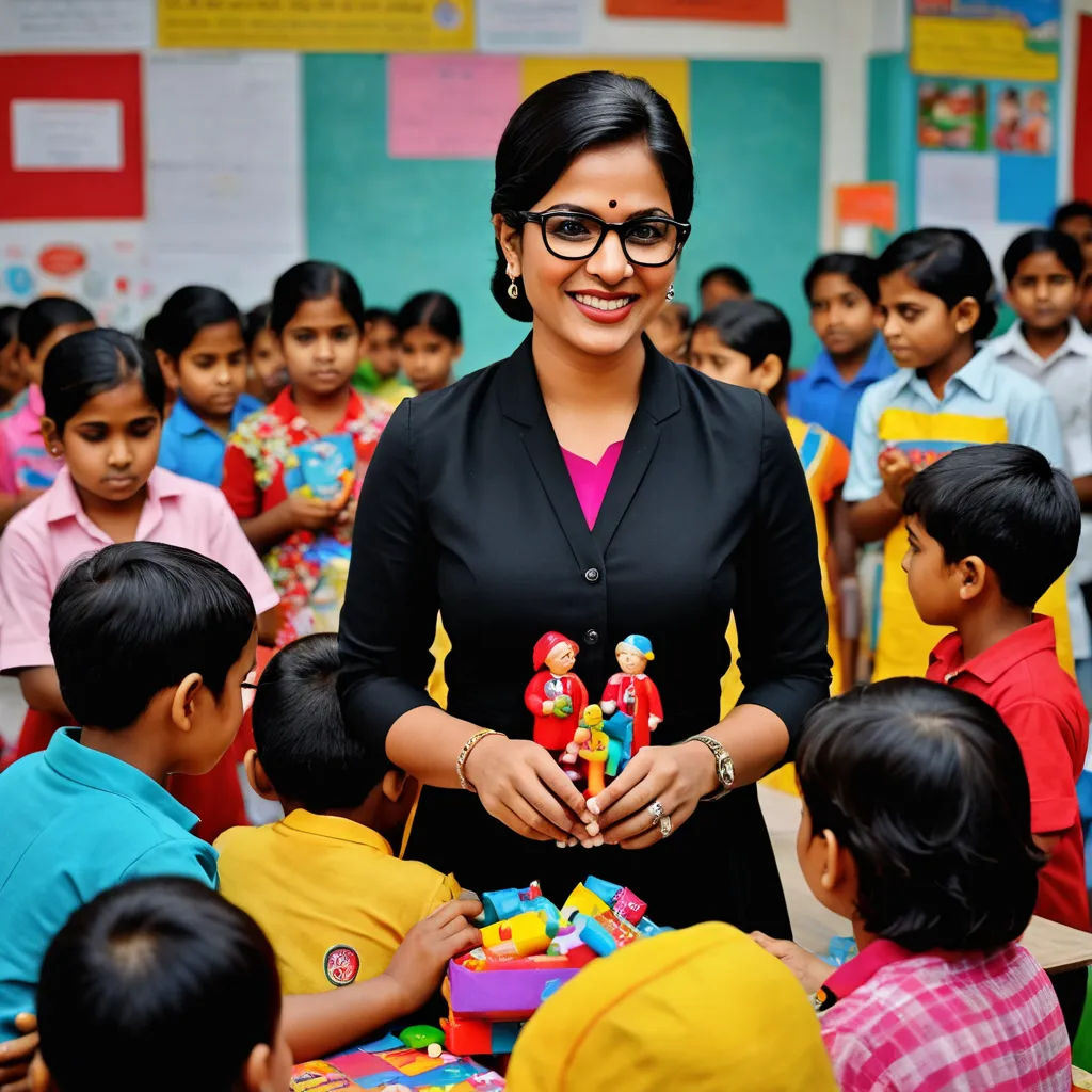 a woman in a black shirt and glasses standing in front of a group of children in a classroom with a toy, danube school, a storybook illustration, Ella Guru, promotional image